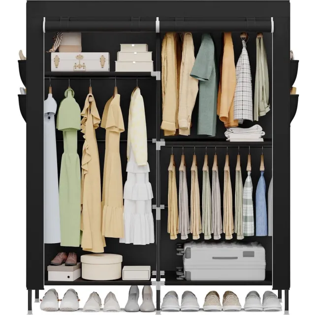 Klarven Kledingkast Zwart - Kledingkast - Kledingkasten - Wardrobe - 3 Hangvakken, Zijvakken, Stoffen Deuren - 127x45x180 cm