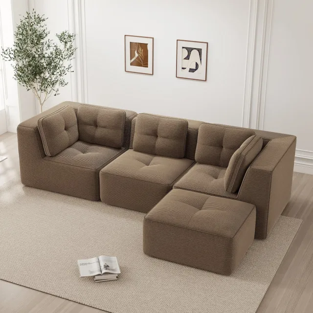 OKWISH Hoekbank - 3-Zits Modulaire Bank Met Ottomane - Diepe Zitting En Geen Montage - Woonkamer - Ribfluweel - Bruin