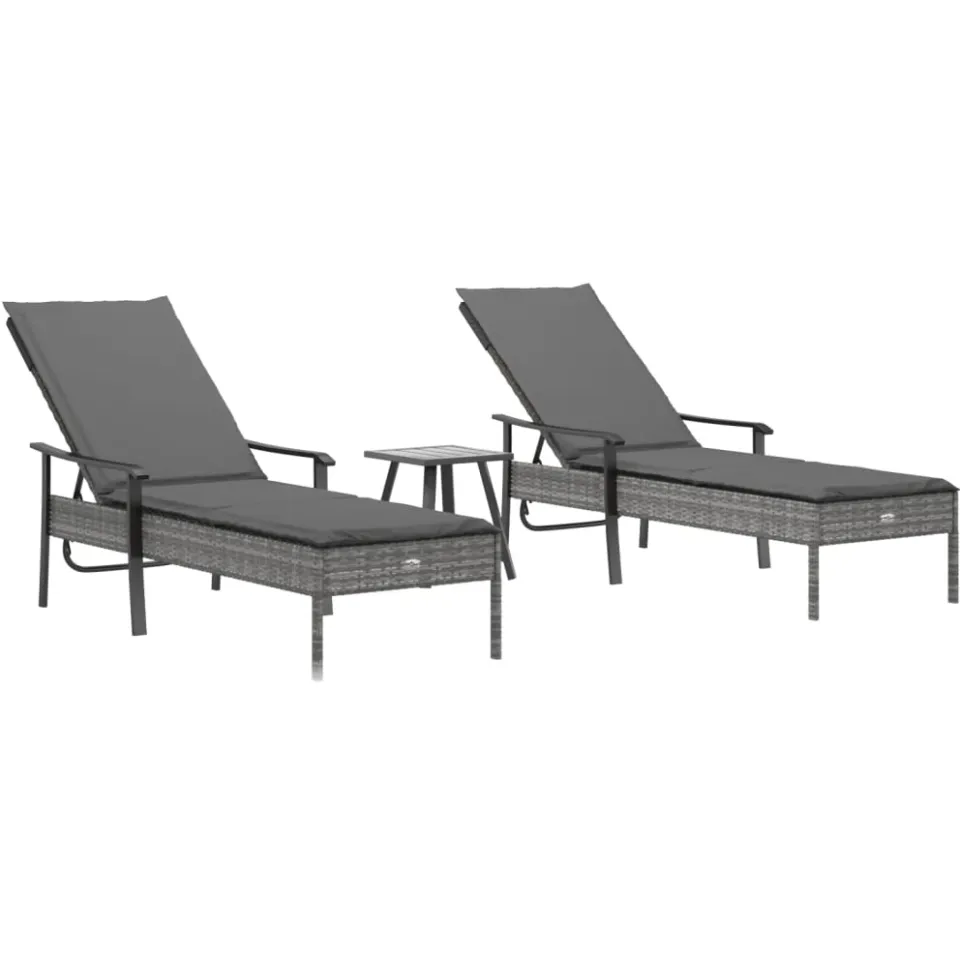 vidaXL Ligbedden 2 st met tafel en kussens poly rattan grijs