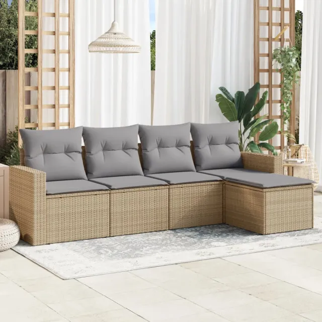 vidaXL 5-delige Loungeset met kussens poly rattan beige, foto 2