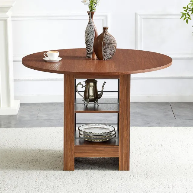 DESMIU Ronde Eettafel Met Open Opbergvakken Walnoot Look MDF 100 Cm Voor Keuken En Eetkamer 4 Tot 6 Personen Modern