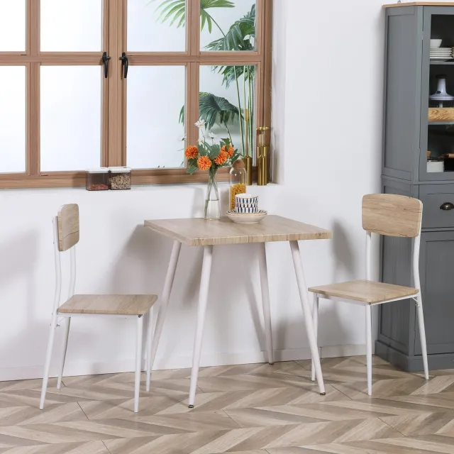 FloraGrace Eetkamerset 70 x 70 cm - Compacte 3-delige Set Met Tafel En 2 Stoelen - Landelijke Stijl - Hout En Metaal - Natuurkleur En Wit