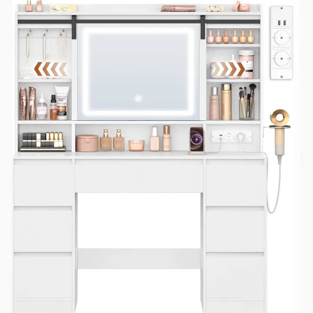 HILINSIE Kaptafel - Make up Tafel - Kaptafel met Spiegel en Verlichting - Verstelbare Ledverlichting - Uitschuifbare Spiegel - Stopcontact - 7 Lades - Wit - 40 × 108 × 148,6 cm - Open Opbergruimtes