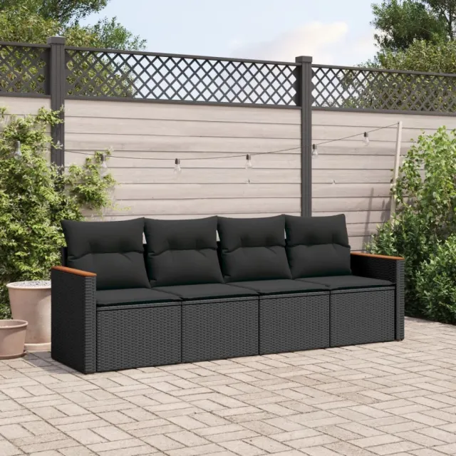 vidaXL 4-delige Loungeset met kussens poly rattan zwart, foto 2