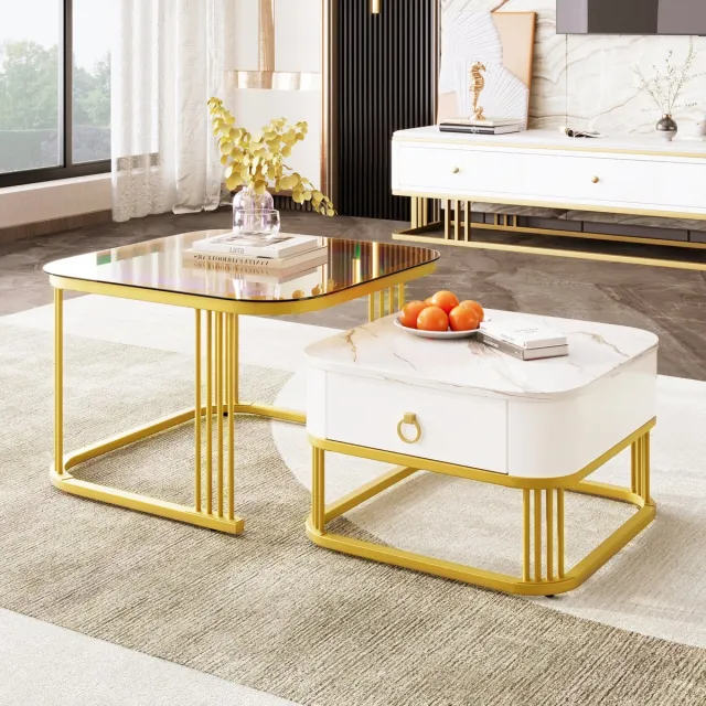 DESMIU Salontafel - Modulaire Set Met Hoogglans Marmerlook En Lade - Voor Woonkamer En Lounge - MDF En Glas - Wit - 60x60x44,5 En 50x50x34,5 Cm Wit en Goud en Theebruin