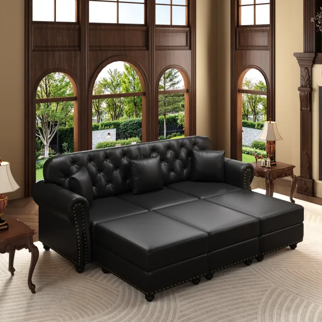 STILVORA Chesterfield Bank 3-Zits 210 cm - Met 3 Verplaatsbare Hockers en Knoopdetails - Voor Woonkamer - Kunstleer - Zwart