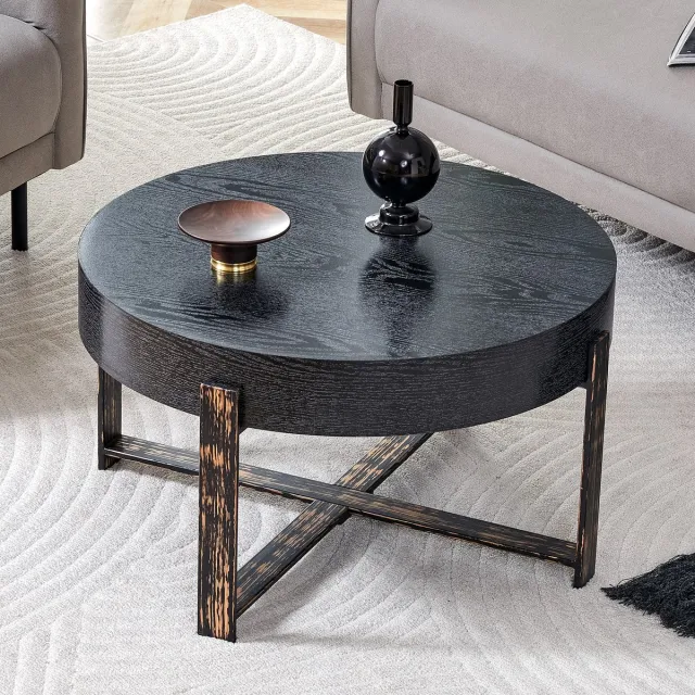 Sweiko Salontafel - Houtnerf tafelblad - Minimalistische stijl - Ronde bijzettafel - Metalen poten - Zwart