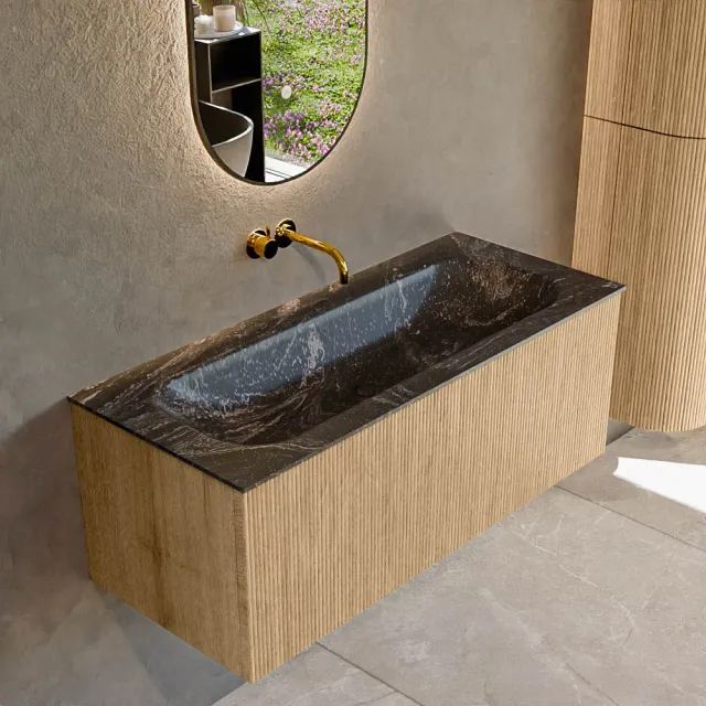 Mondiaz KURVE-DLUX 110 cm Onderkast Greeploos 1 Lade Zonder Deuren Oak, Wastafel Solid Surface Volledig Lava 1 Kraangat Zonder Spiegel (KRVBGM1101L0D1KM-Oak/Lav)