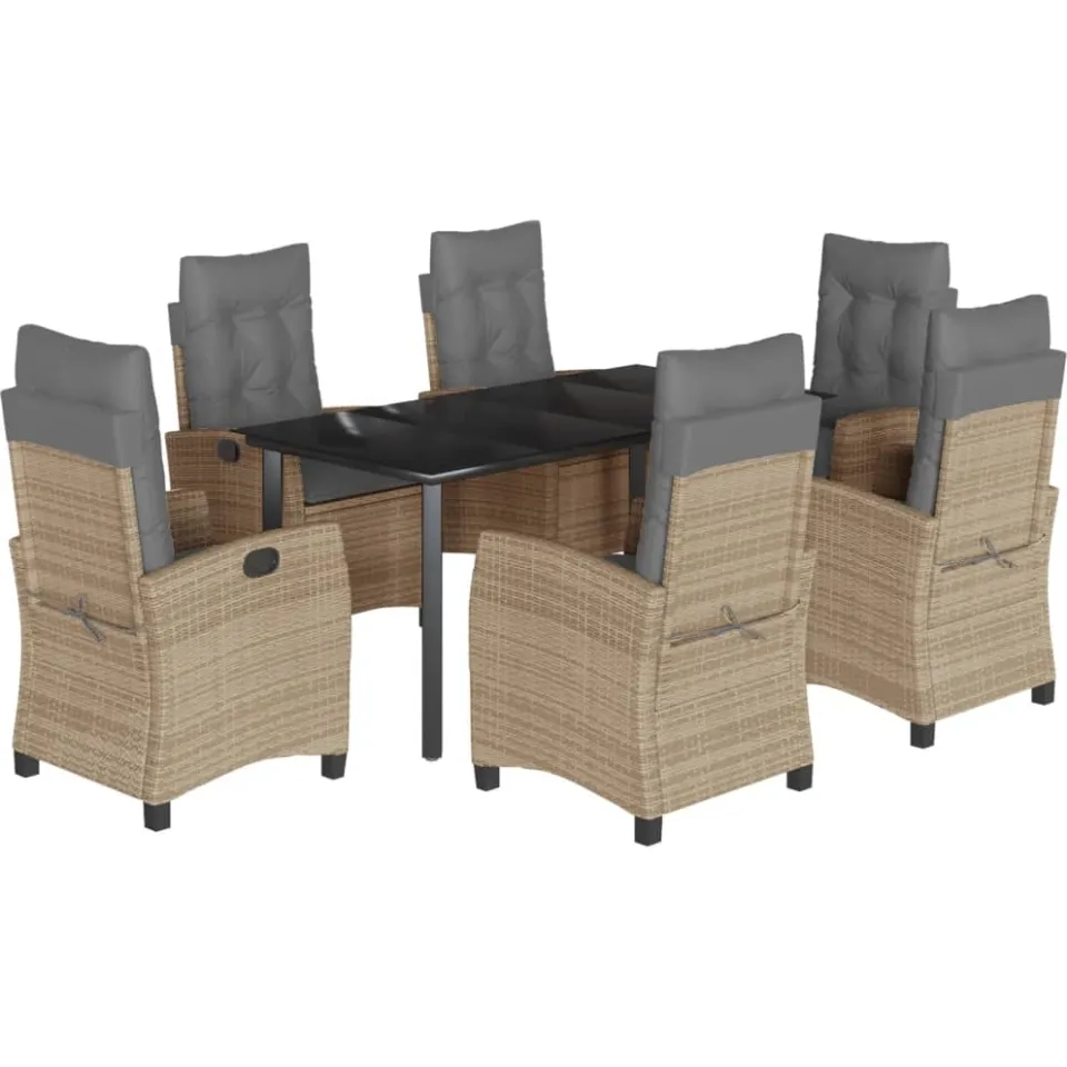 vidaXL 7-delige Tuinset met kussens poly rattan gemengd beige