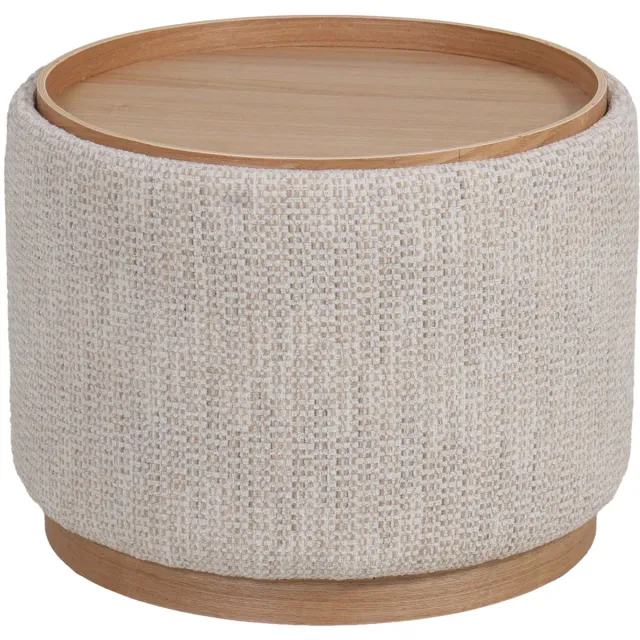 DÉJA Living Salontafel Marcia Beige/Naturel – Rond – Met Opbergruimte – Chenille en Essenfineer – 55x55x42 cm
