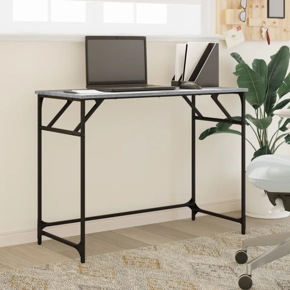 vidaXL Bureau 100x45x76 cm hout en gepoedercoat staal grijs sonoma, foto 3
