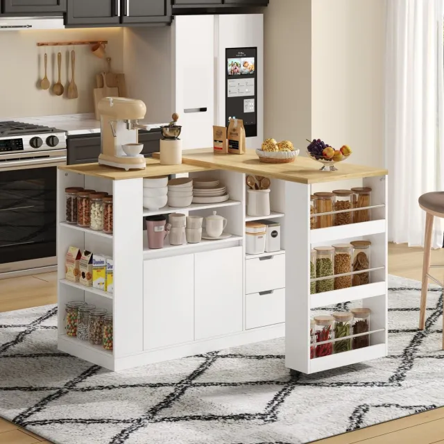 MEUNIQ Keukeneiland 115 x 50 x 92 cm met uitschuifbaar en draaibaar werkblad, 2 lades, kasten en 3-laags open rek, eettafel en opbergmeubel voor keuken of eetkamer Wit