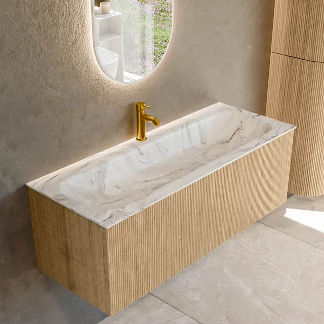Mondiaz KURVE-DLUX 120 cm Onderkast Greeploos 1 Lade Zonder Deuren Oak, Wastafel Solid Surface Volledig Glace 1 Kraangat Zonder Spiegel (KRVBGL1201L0D1KM-Oak/Gla)