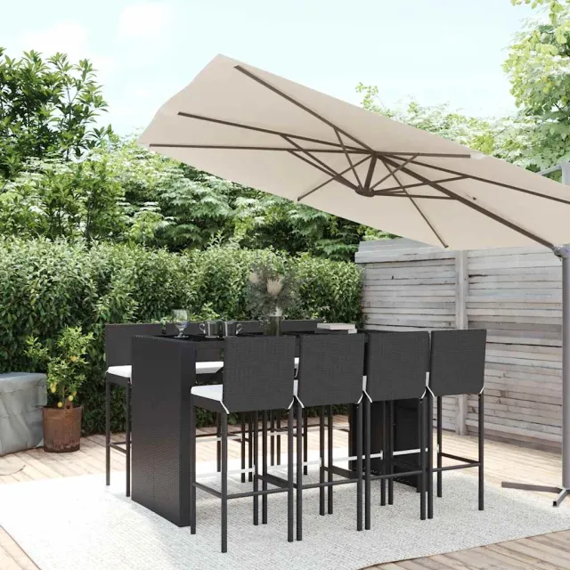 vidaXL 9-delige Tuinbarset met kussens poly rattan zwart, foto 2