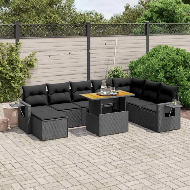vidaXL 9-delige Loungeset met kussens poly rattan zwart, foto 2