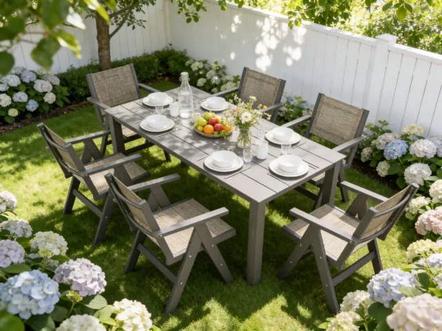 NJLyuhome Outdoor - Allweather eettafel met parasolgat - 175 x 81 x 75 cm - HIPS met houtlook - Weerbestendig & onderhoudsvriendelijk donkergrijs