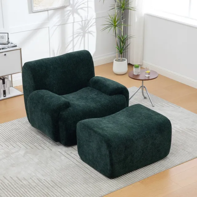 MEUNIQ Fauteuil van chenille met hocker, 94 x 113 cm, 300 kg draagvermogen, zonder montage, voor woonkamer en kleine ruimtes, groen