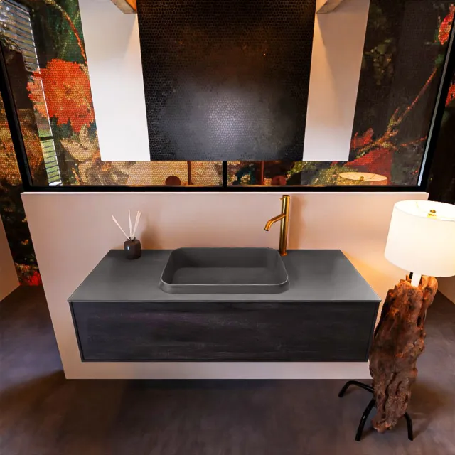 Mondiaz Badkamermeubelset Mondiaz Erin 120 cm met 1 Lade met RIDGE Wastafel Midden Dark grey met 1 kraangat Greeploos Mat Dark Brown Bruin