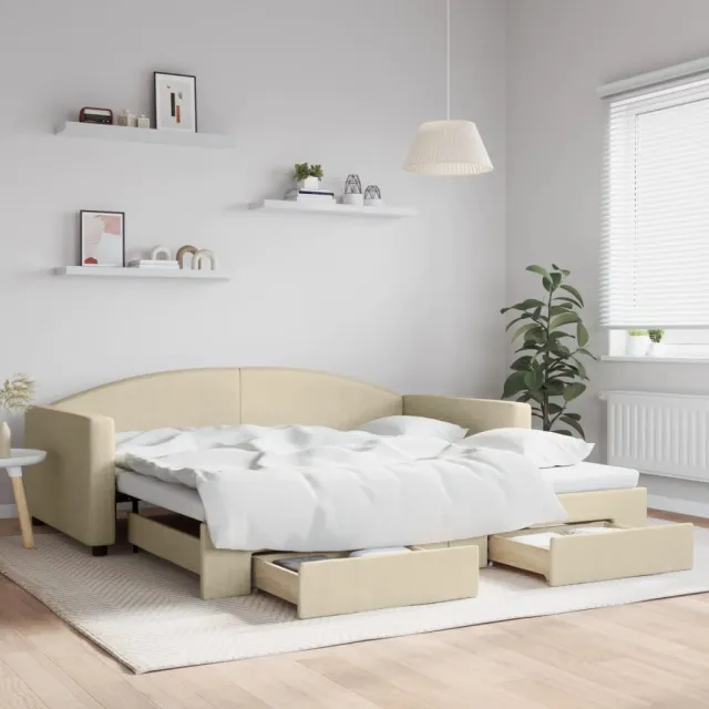 vidaXL Slaapbank met onderschuifbed en lades 100x200 cm stof crème