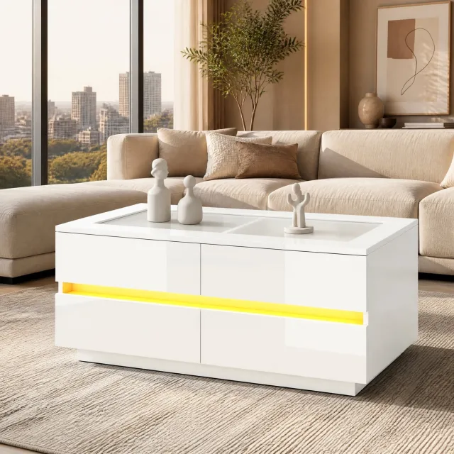 Maisentiel Salontafel 100x50x40 cm – 4 lades, LED, gehard glas, spaanplaat, wit