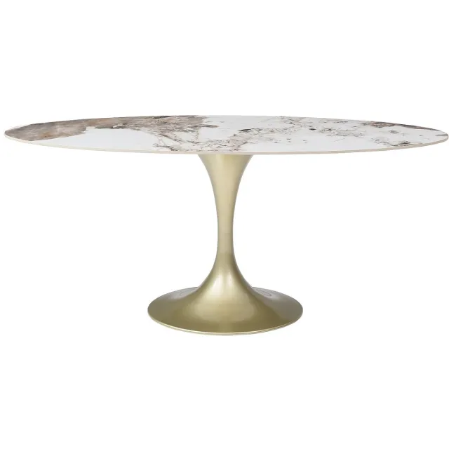 Vente-unique Eettafel voor 8 personen van keramiek en goudkleurig metaal - Wit marmereffect en grijs - ELVA van Maison Céphy Grijs, Wit