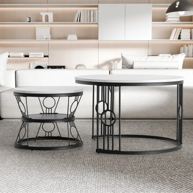 FloraGrace Set Van 2 Rond Salontafels - Stapelbaar - Nest-Design Met MDF Tafelblad - Metaal Frame - 70×70×45 & 45×45×37 Cm - Zwart