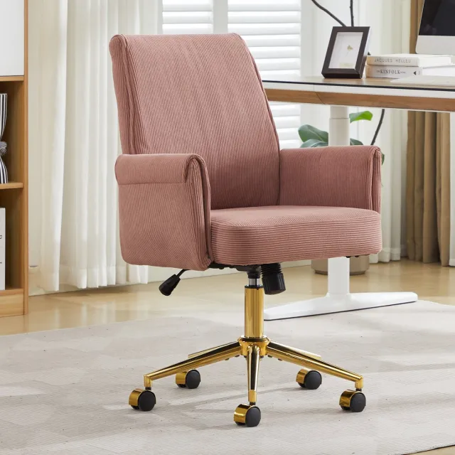 Wishdor Bureaustoel - Verstelbare hoogte met armleuningen - Ribstof draaibaar met wielen - Ergonomisch ontwerp - Werk studie ontspanning - Roze - 63 x 65 x 99 cm