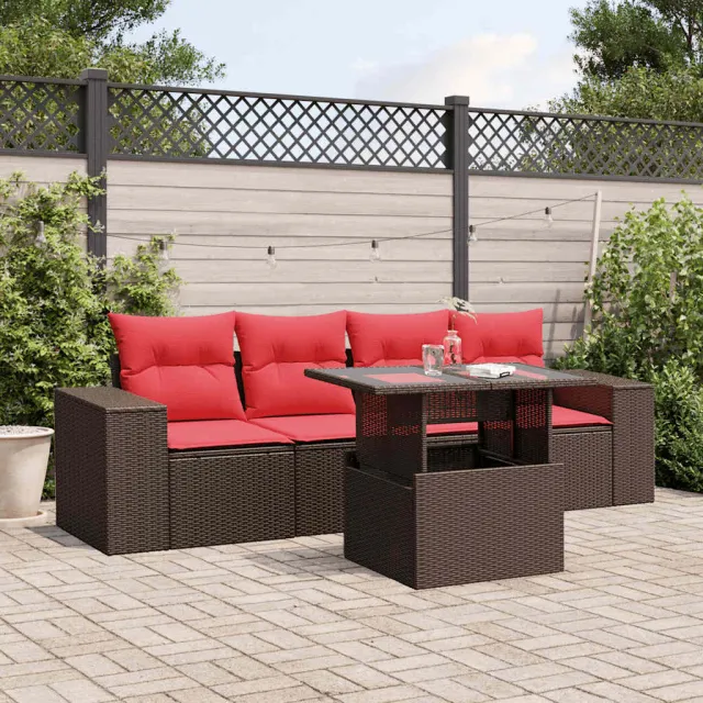 vidaXL 5-delige tuinbankset met kussens, bruin polyrotan, foto 2