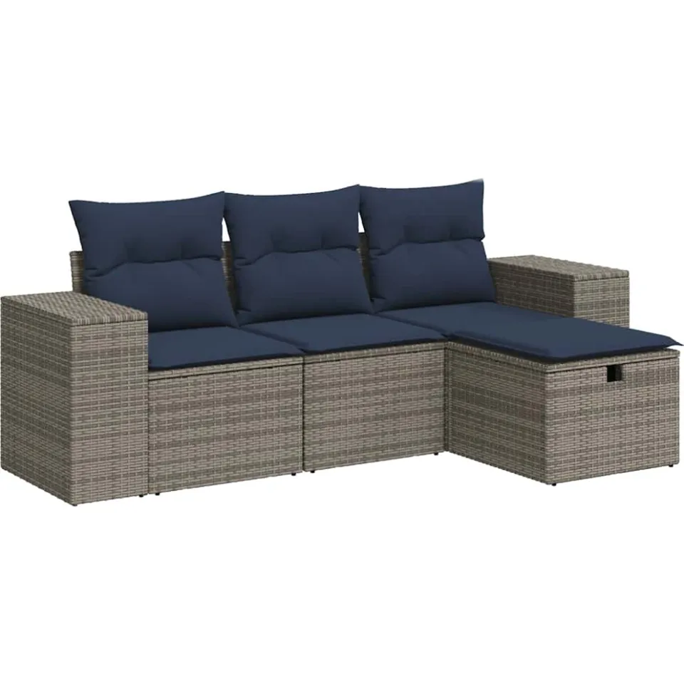 vidaXL 4-delige Loungeset met kussens poly rattan grijs, foto 3