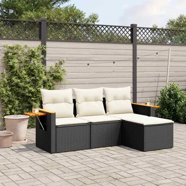 vidaXL 4-delige Loungeset met kussens poly rattan zwart, foto 2
