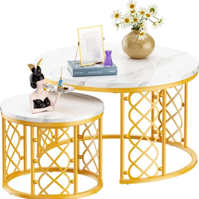 MODFU Luxe Salontafel Set van 2 (Ø 70 / 45 cm) - Nestbare Ronde Bijzettafels - Marmerlook & Goud Metalen Frame Wit + Goud