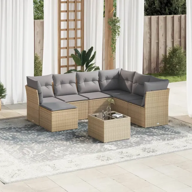vidaXL 8-delige Loungeset met kussens poly rattan beige, foto 2