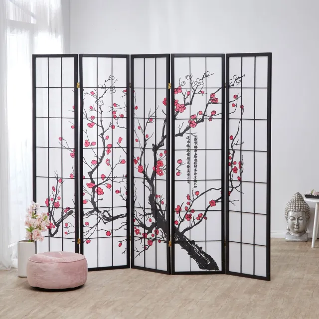 Homestyle4u Kamerscherm - 220x179 cm - zwart - 5-delig - kersen