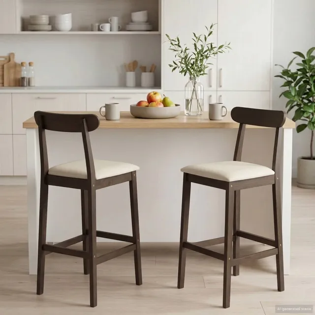 vidaXL Barkruk 2 st Lichtbruin en Beige Massief Rubberhout en Stof