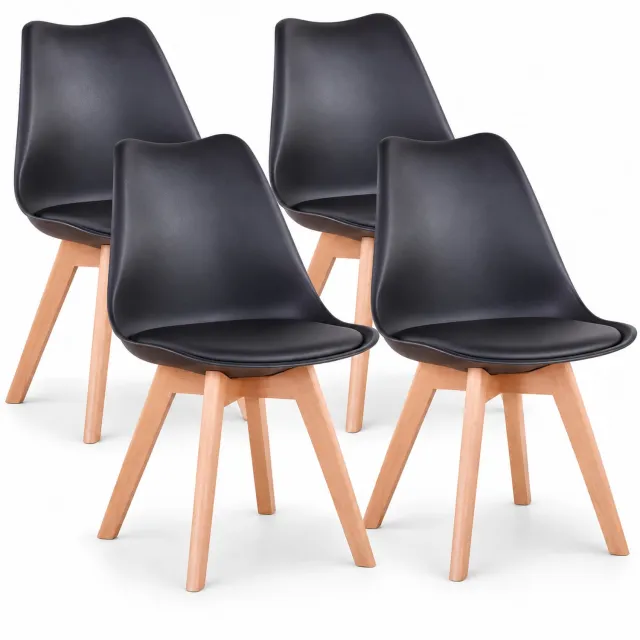 Luxevo Eetkamerstoelen Set van 4 - Scandinavische Kuipstoelen - Houten Poten - Met Zitkussen - Moderne Eetkamerstoel – Zwart