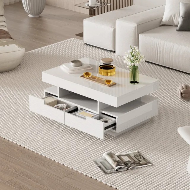 MIVRAY Salontafel - Hoogglans Met LED-Verlichting En 4 Laden - Voor Woonkamer Met Opbergruimte - Spaanplaat - 80x50x36 Cm - Wit