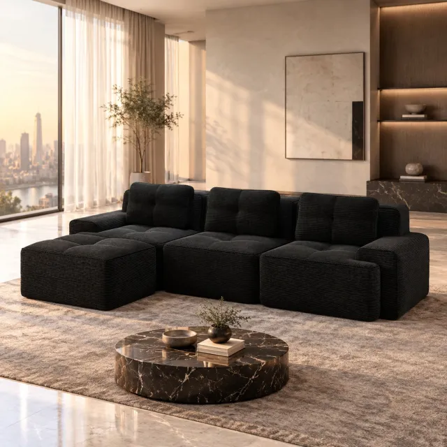 WUVRIE Modulaire hoekbank 293x177 cm - 3-zits met ottoman en corduroy - Zwart
