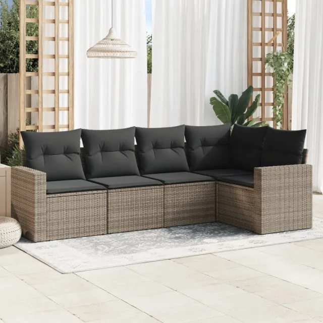 vidaXL 5-delige Loungeset met kussens poly rattan grijs, foto 2