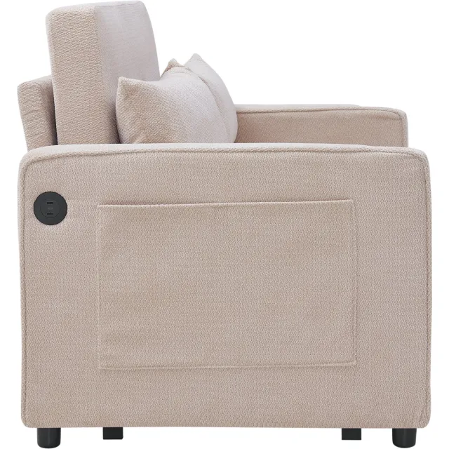 MODENUIT Slaapbank 134 cm - 3-in-1 Met Schuifbaar Uitschuifsysteem En USB-poorten - Woonkamer - Hout Stof Beige