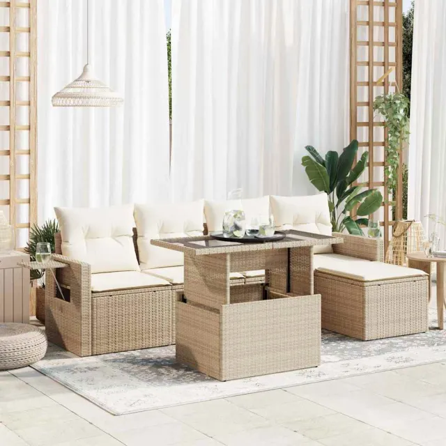 vidaXL 6-delige Loungeset met kussens poly rattan beige, foto 2