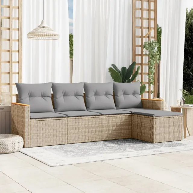 vidaXL 5-delige Loungeset met kussens poly rattan beige, foto 2