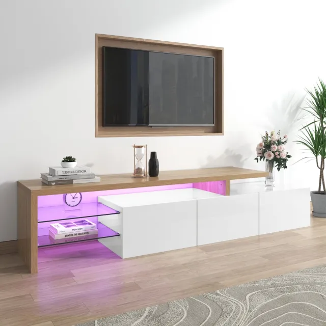 Merax Modern Tv-meubel - stijlvolle elegantie - praktische opbergruimte - hoogglans wit - glazen legplanken - LED-verlichting