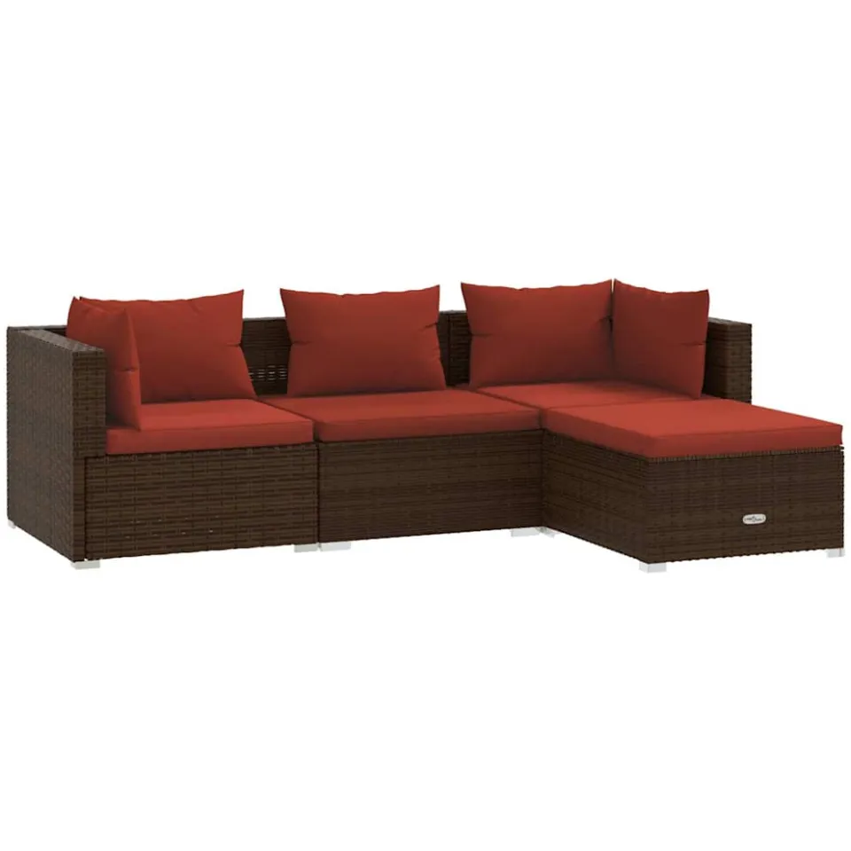 vidaXL 4-delige Loungeset met kussens poly rattan bruin, foto 3