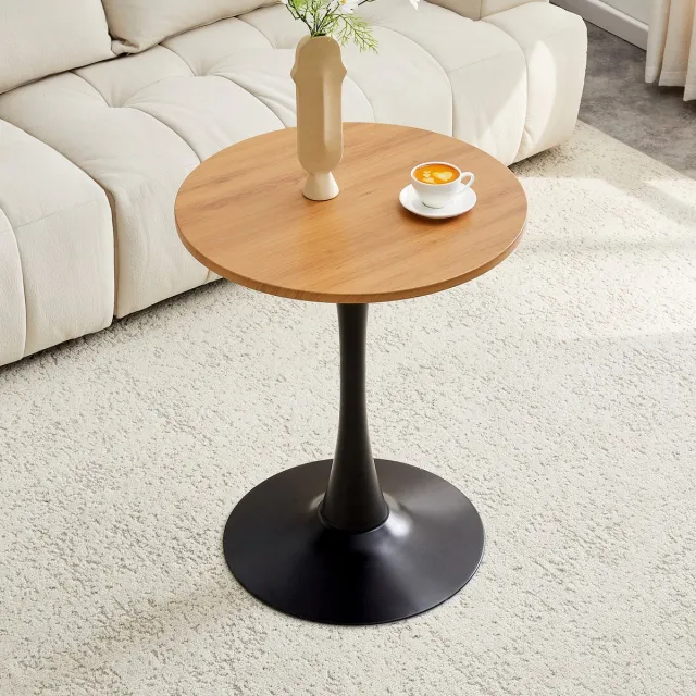 OKWISH Bijzettafel Rond - Mid-Century Stijl - Voor Woonkamer En Leeshoek - MDF Met Houtnerf En Zwart Metaal - 60×72 Cm