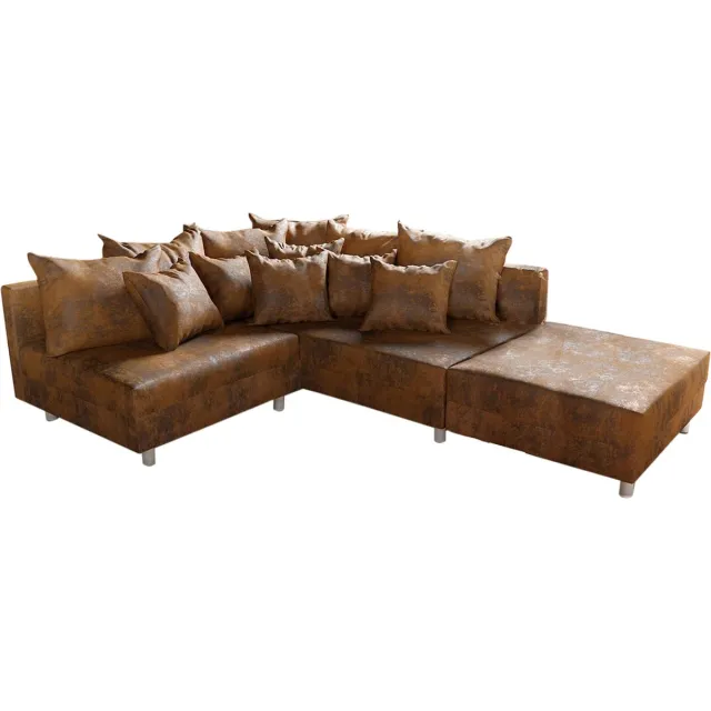 DELIFE Hoekbank Clovis bruin antiek look met hocker ottomane rechts hoekbank modulair