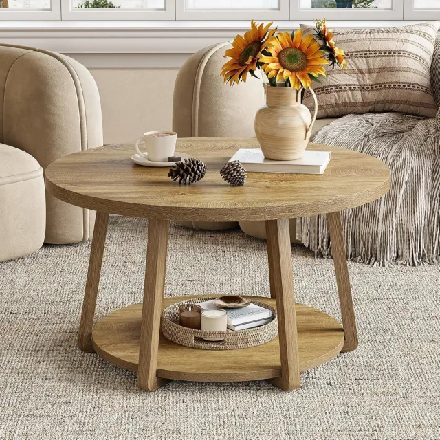 Tribesigns Ronde Salontafel met Opbergruimte - Salontafel met 2 Lagen en Houten Poten - Eikenhout - Eenvoudig te Monteren - voor Woonkamer, Thuiskantoor - 80 x 80 x 50 cm