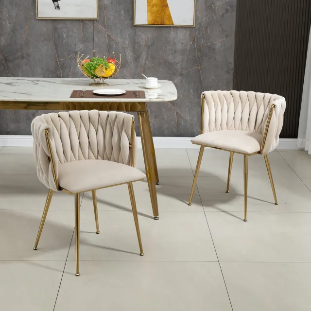 MODENUIT Eetkamerstoel 55,5 x 41 x 74 cm - Geweven Rugleuning - Voor Eetkamer En Woonkamer - Fluweel Ivoor Grijs
