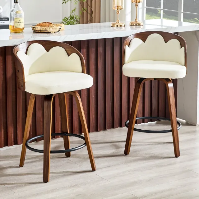 KOMHTOM Set van 2 barkrukken - Rugleuning met bloemmotief - Gebogen hout - PU-leer - Metalen voetsteun - Modern Wit