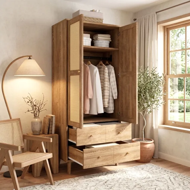Clruro Kledingkast - 80×50×180 cm - Rotanlook - 2 Laden en Hangroede - MDF - Donkere Houtkleur Naturel