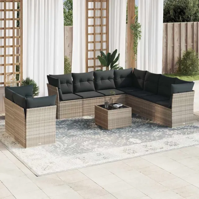 vidaXL 10-delige Loungeset met kussens poly rattan lichtgrijs grijs, foto 2